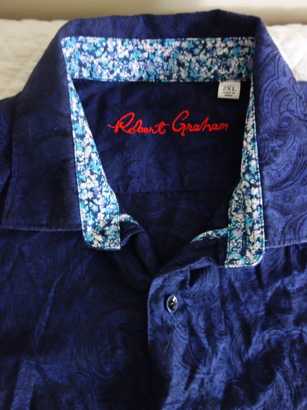 ROBERT GRAHAM Blue Black Paisley Short Sleeve Button Shirt Mens 2XL